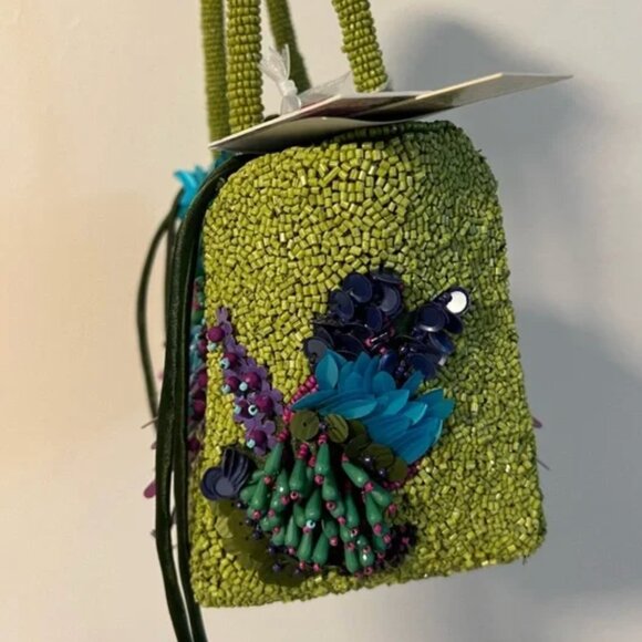 Viral Tik Tok Beaded Handbag Made in India Green Purple Floral NWT - Picture 3 of 6